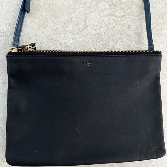 AUTHENTIC Celine Large Trio Black Navy Blue Leather Shoulder Bag - Picture 1 of 15